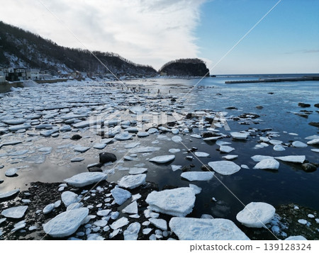 Aerial view of the drift ice formations in the harbor at Utoro Shiretoko Roadside Station. Aerial view of the drift ice formations in the harbor at Utoro Shiretoko Roadside Station. 139128324