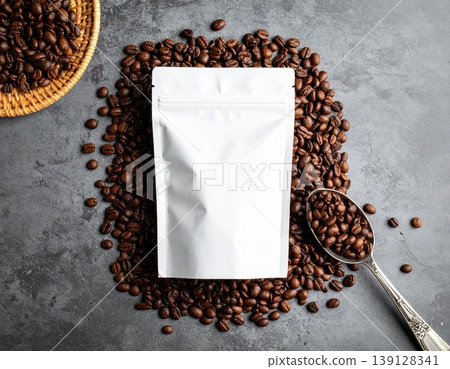 Roasted coffee beans with coffee package mockup Roasted coffee beans with coffee package mockup 139128341