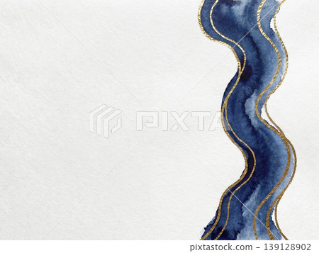 A background of washi paper with undulating indigo watercolor and gold leaf. 139128902