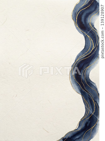 以和紙為背景,飾以波浪狀的靛藍色水彩和金箔。 以和紙為背景,飾以波浪狀的靛藍色水彩和金箔。 139128907