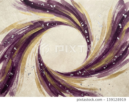 A dynamic background of deep purple and gold watercolors swirling across the blank space of washi paper. A dynamic background of deep purple and gold watercolors swirling across the blank space of washi paper. 139128919
