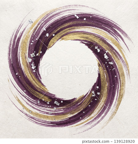 A dynamic background of deep purple and gold watercolors swirling across the blank space of washi paper. 139128920