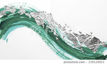 A diagonal Japanese paper background featuring undulating emerald green watercolors and vibrant silver leaf. A diagonal Japanese paper background featuring undulating emerald green watercolors and vibrant silver leaf. 139128921