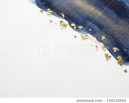 The upper right corner features a diagonal blue watercolor with a wave pattern and gold leaf floating on a blank background of washi paper. The upper right corner features a diagonal blue watercolor with a wave pattern and gold leaf floating on a blank background of washi paper. 139128934