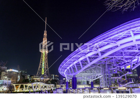 Night view of Nagoya city, Hisaya-Odori Park, Chubu Electric Power MIRAITOWER, Oasis 21, Water Spaceship, Nagoya City, Aichi Prefecture Night view of Nagoya city, Hisaya-Odori Park, Chubu Electric Power MIRAITOWER, Oasis 21, Water Spaceship, Nagoya City, Aichi Prefecture 139129070