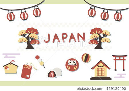 A set of retro-pop Japanese lucky charm illustrations (a collection of illustrations of shrine visits and Japanese sweets). A set of retro-pop Japanese lucky charm illustrations (a collection of illustrations of shrine visits and Japanese sweets). 139129400