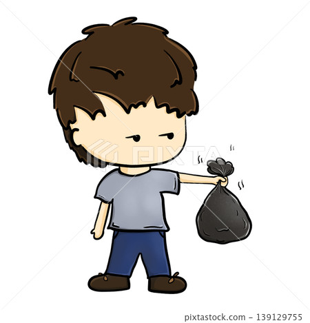 Boy holding a black trash bag with arm straight cartoon illustration Boy holding a black trash bag with arm straight cartoon illustration 139129755