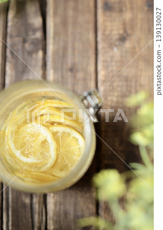 Homemade lemon syrup made in a sealed jar Homemade lemon syrup made in a sealed jar 139130027