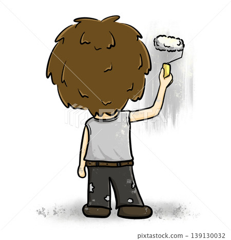 Boy painting wall by paint roller back view isolated cartoon illustration 139130032