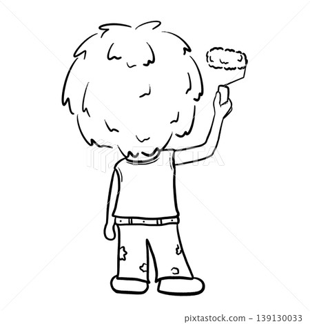 Boy painting wall by paint roller back view cartoon outline illustration 139130033