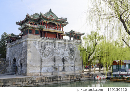 Hall of Jade Ripples and a budding spring willow tree in Yiheyuan Park in Beijing, China Hall of Jade Ripples and a budding spring willow tree in Yiheyuan Park in Beijing, China 139130310