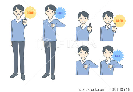 A set of illustrations of young men giving thumbs up and thumbs down. A set of illustrations of young men giving thumbs up and thumbs down. 139130546