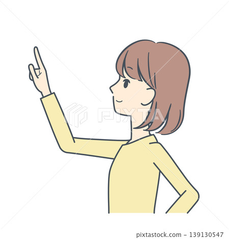 一位年輕女子側身向上指的插圖；上半身。 139130547