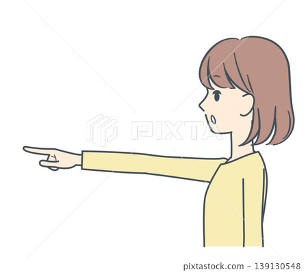 An illustration of a young woman pointing with her finger while facing sideways; upper body only. An illustration of a young woman pointing with her finger while facing sideways; upper body only. 139130548