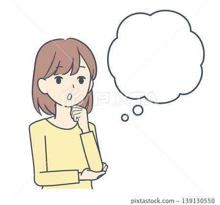 一幅年輕女子的插圖，她手托下巴，臉上帶著對話框，陷入沉思（上半身）。 139130550