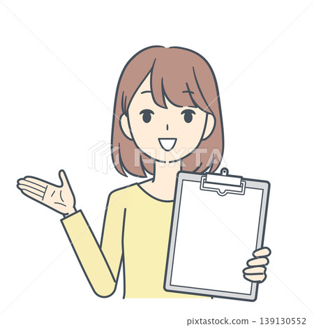 一幅插圖,描繪了一位身穿黃色連身裙的年輕女子,她一邊說話一邊拿著寫字板;僅描繪了上半身。 一幅插圖,描繪了一位身穿黃色連身裙的年輕女子,她一邊說話一邊拿著寫字板;僅描繪了上半身。 139130552