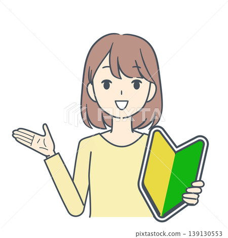 An illustration of a young woman in a yellow dress showing a beginner driver's sticker and talking (upper body only). An illustration of a young woman in a yellow dress showing a beginner driver's sticker and talking (upper body only). 139130553