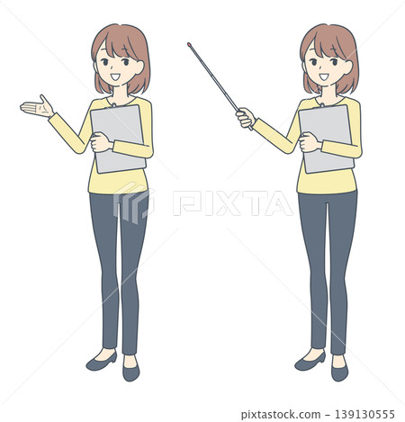 Two illustrations of a young woman talking while holding a clipboard. 139130555