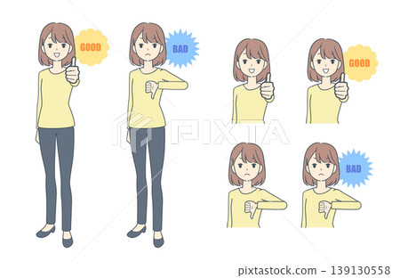 一組年輕女性豎起大拇指和豎起大拇指向下的插圖。 一組年輕女性豎起大拇指和豎起大拇指向下的插圖。 139130558