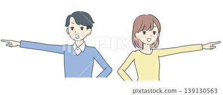 一幅插圖，描繪了一位驚訝的年輕男子和一位驚訝的年輕女子，他們各自指向不同的方向。 139130563