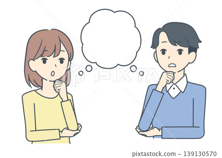 An illustration of a young man and woman deep in thought, accompanied by a speech bubble. An illustration of a young man and woman deep in thought, accompanied by a speech bubble. 139130570