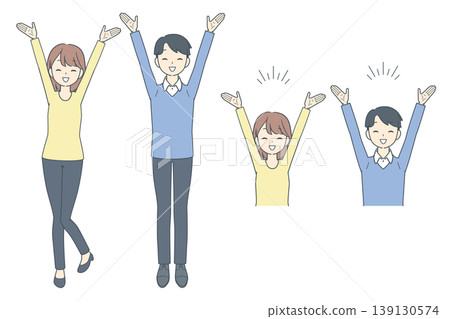 A set of illustrations of young men and women raising their hands in celebration. 139130574