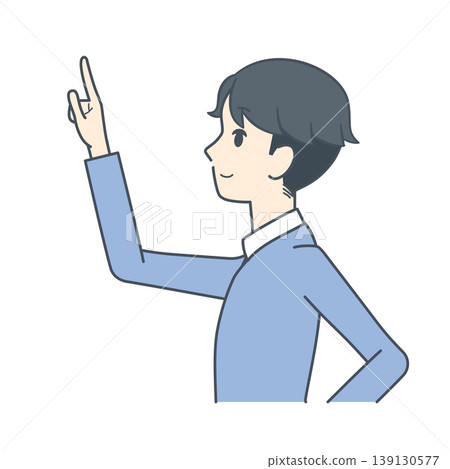 一幅年輕男子側身向上指的插圖。 139130577