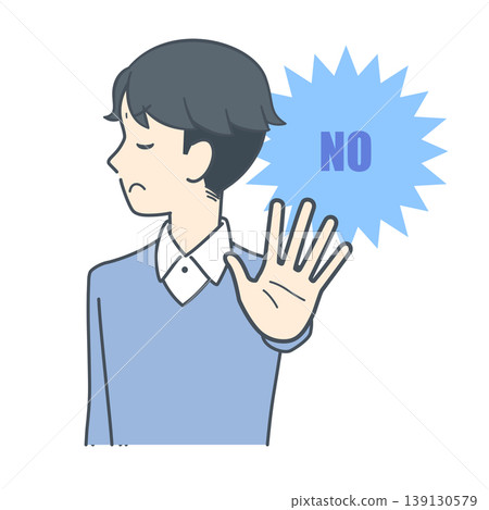 An illustration of a young man rejecting someone by extending his palm and turning away. An illustration of a young man rejecting someone by extending his palm and turning away. 139130579