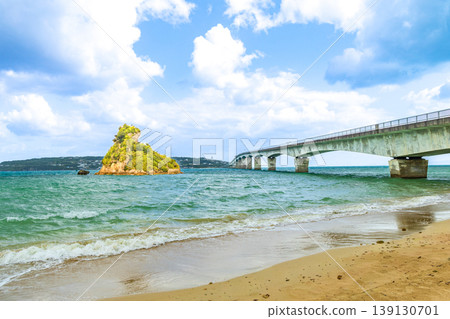 Okinawa: View of Frog Island and Kouri Bridge from the observation deck at the south end of Kouri Bridge. 139130701