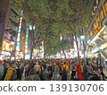 A nighttime event scene in Shibuya's bustling downtown area, with a large crowd gathered. Color halftone. 139130706