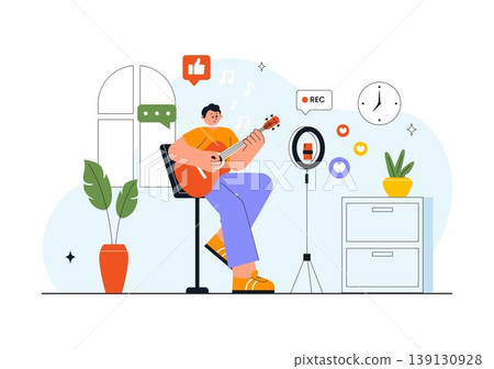 Daily Vlog Vector Illustration of Content Creator Recording Video for Social Media Influencer Lifestyle with Filming Setup Camera Studio Background 139130928