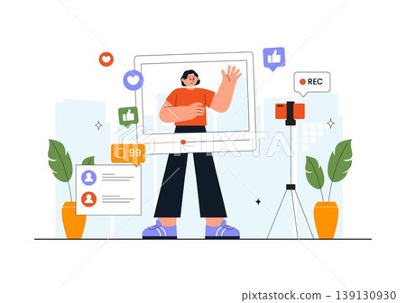 Daily Vlog Vector Illustration of Content Creator Recording Video for Social Media Influencer Lifestyle with Filming Setup Camera Studio Background 139130930
