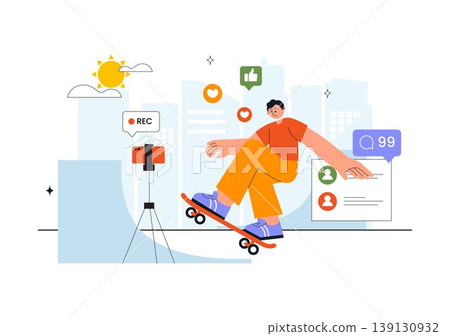 Daily Vlog Vector Illustration of Content Creator Recording Video for Social Media Influencer Lifestyle with Filming Setup Camera Studio Background Daily Vlog Vector Illustration of Content Creator Recording Video for Social Media Influencer Lifestyle with Filming Setup Camera Studio Background 139130932