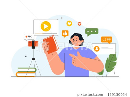 Daily Vlog Vector Illustration of Content Creator Recording Video for Social Media Influencer Lifestyle with Filming Setup Camera Studio Background 139130934
