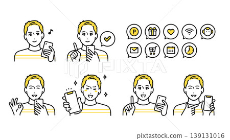 A young man in a T-shirt holding a smartphone and a set of notification icons. A young man in a T-shirt holding a smartphone and a set of notification icons. 139131016