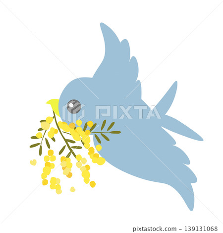 An illustration of a blue bird holding a mimosa flower. 139131068
