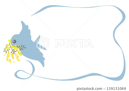 A frame featuring a blue bird holding a mimosa flower. A frame featuring a blue bird holding a mimosa flower. 139131069