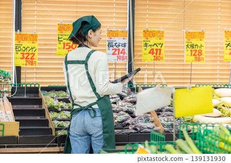 Female employee in charge of inventory management at a supermarket Female employee in charge of inventory management at a supermarket 139131930