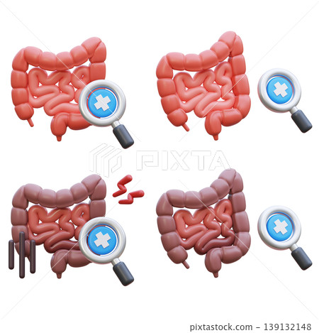 3D Intestine Medical Checkup Icon with Magnifying Glass for Gastrointestinal Diagnosis 139132148