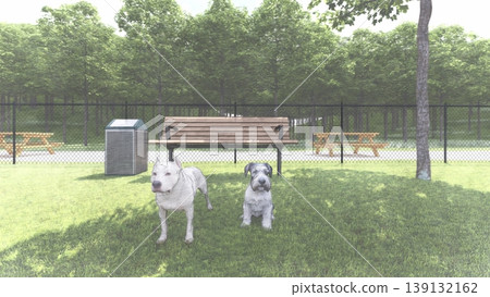 A scene of dogs playing in a spacious, green dog run (3DCG illustration) A scene of dogs playing in a spacious, green dog run (3DCG illustration) 139132162