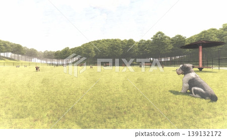 A scene of dogs playing in a spacious, green dog run (3DCG illustration) A scene of dogs playing in a spacious, green dog run (3DCG illustration) 139132172