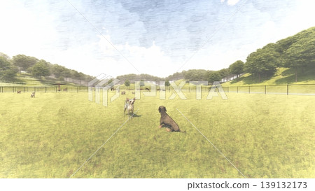 A scene of dogs playing in a spacious, green dog run (3DCG illustration) A scene of dogs playing in a spacious, green dog run (3DCG illustration) 139132173