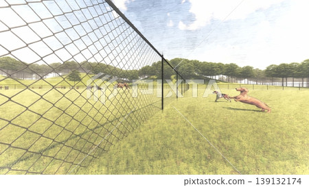A scene of dogs playing in a spacious, green dog run (3DCG illustration) A scene of dogs playing in a spacious, green dog run (3DCG illustration) 139132174