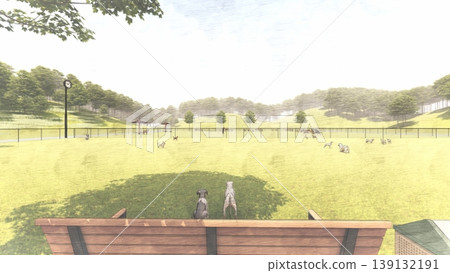 A scene of dogs playing in a spacious, green dog run (3DCG illustration) A scene of dogs playing in a spacious, green dog run (3DCG illustration) 139132191