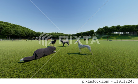 A scene of dogs playing in a spacious, green dog run (3DCG illustration) A scene of dogs playing in a spacious, green dog run (3DCG illustration) 139132245