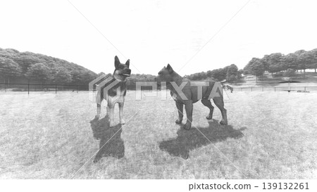 A scene of dogs playing in a spacious, green dog run (3DCG illustration) A scene of dogs playing in a spacious, green dog run (3DCG illustration) 139132261
