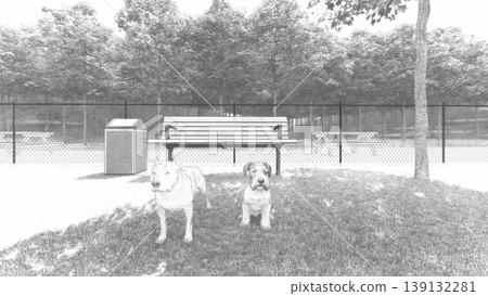 一群狗狗在寬敞的綠色狗舍裡玩耍的場景（3DCG 插圖） 139132281