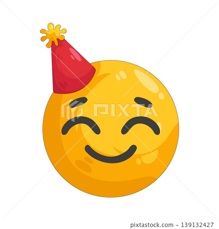 Illustration of smiling emoji wearing party hat 139132427