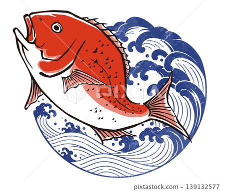 一幅描繪鯛魚躍過海浪的插圖。 139132577
