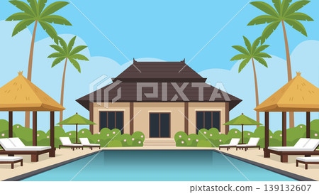 Palm Courtyard Bali Resort Flat Design Illustration Palm Courtyard Bali Resort Flat Design Illustration 139132607